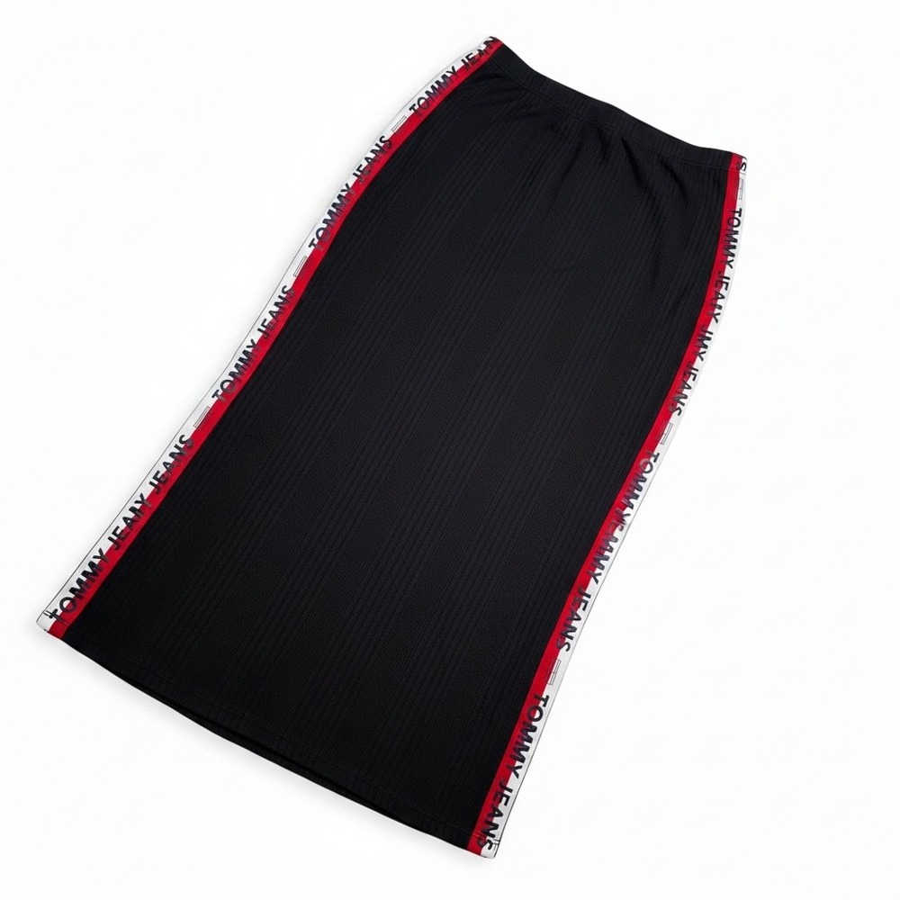 Tommy Jeans Womens Ribbed Midi Skirt Black Logo Side Tape Size M T11GNCDA